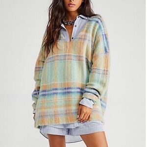 Free People Primrose Plaid Tunic Sweater - Jade Combo - Size XS